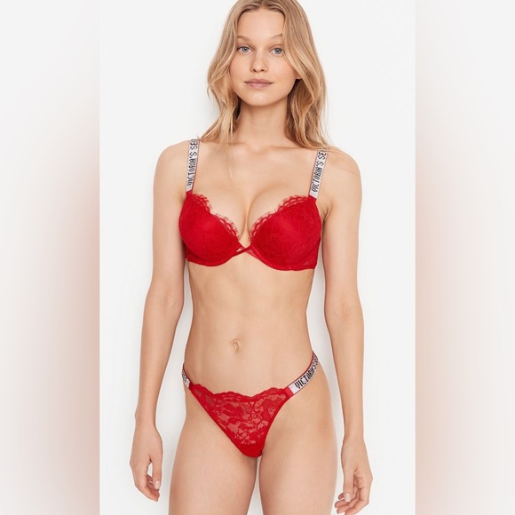 VICTORIA'S SECRET💖VERY SEXY Shine Strap Lace Thong Lipstick Red💄Panty Size M - Picture 3 of 13